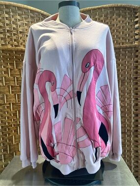 Pink Flamingo Appliqué Zip Front Sweatshirt Jacket Adolfo Sport XL